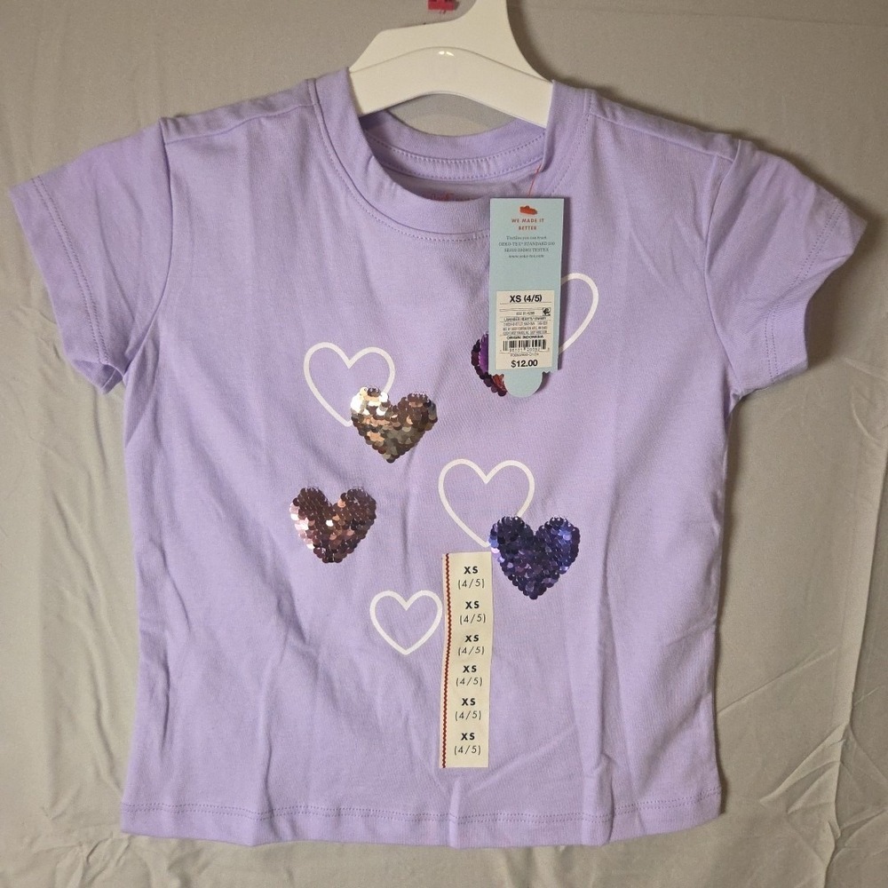 Cat & Jack Purple Sequin Heart Tee size XS 4/5‎
